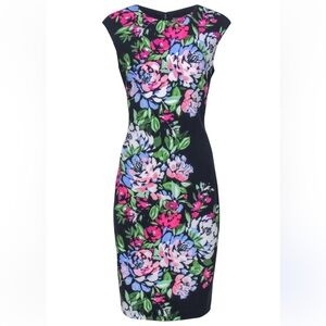 Vince Camuto Floral Scuba Sheath Dress Navy Blue Sleeveless Round Neckline 8